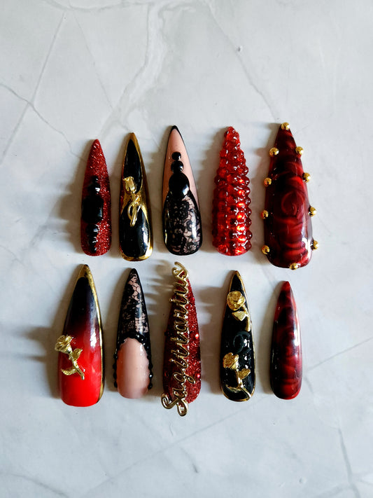 "Red Rose Zodiac" Press-On Nails Set